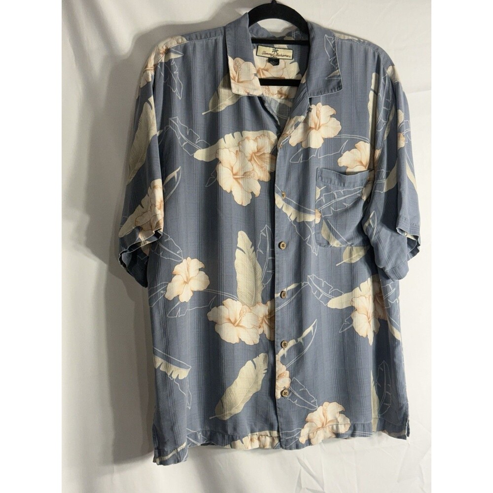 Men’s Silk Hawaiian Shirt Tommy Bahama Blue W/Flowers Vintage Sz Lrg